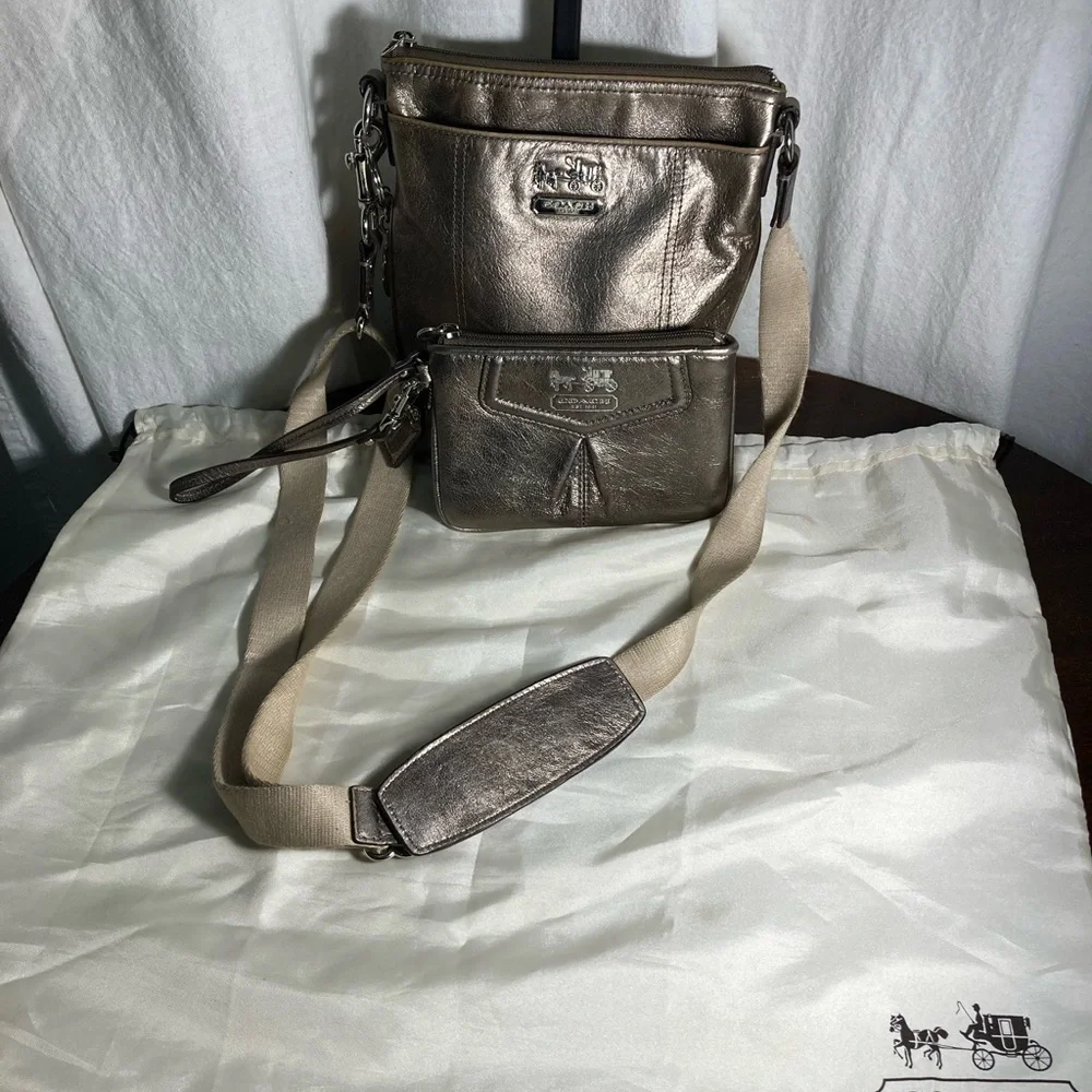 Coach Stylish Metallic Crossbody Bag and wristlet with dust bag